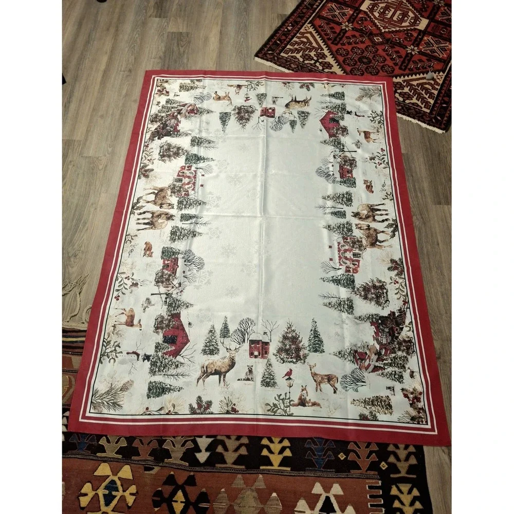 Christmas Holiday Winter Cottagecore Red Classic Tablecloth Horses Fox Trains